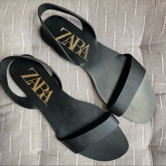 Zara Square Toe Slingback Flat Black Sandals 39 8